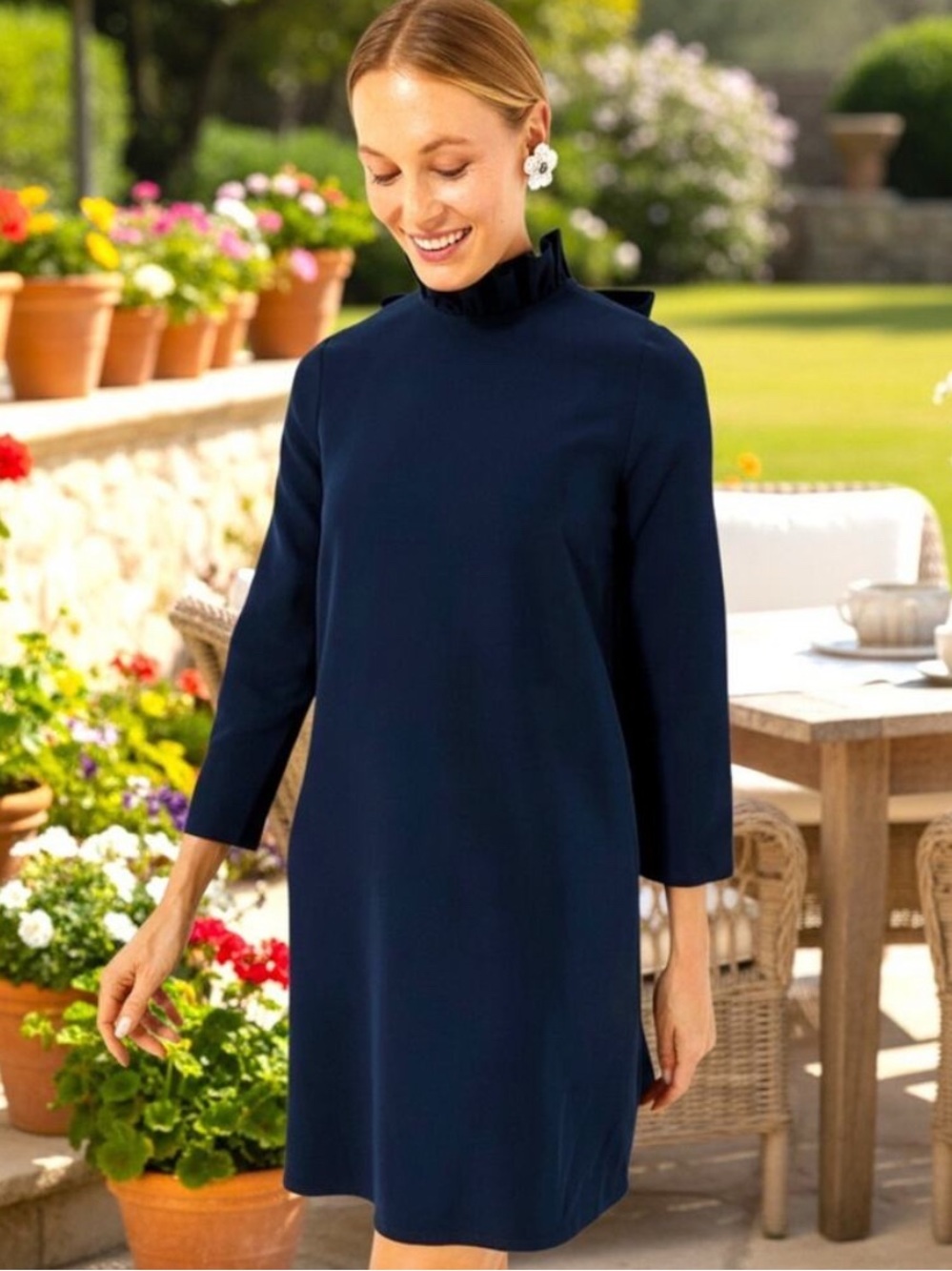 TUCKERNUCK Navy Ruffle-Neck long sleeve classic DAPHNE Dress size Medium NWT